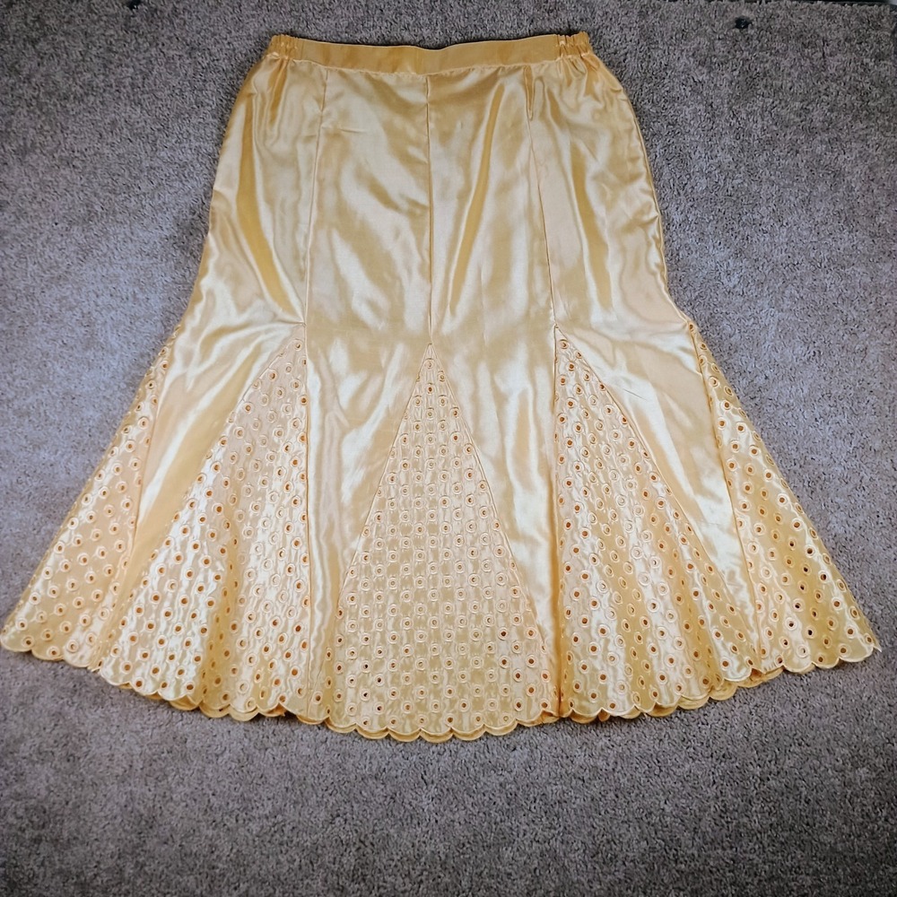 Vintage EY Signature Y2K Yellow Satin Eyelet Midi Skirt Womens 16 Cottagecore